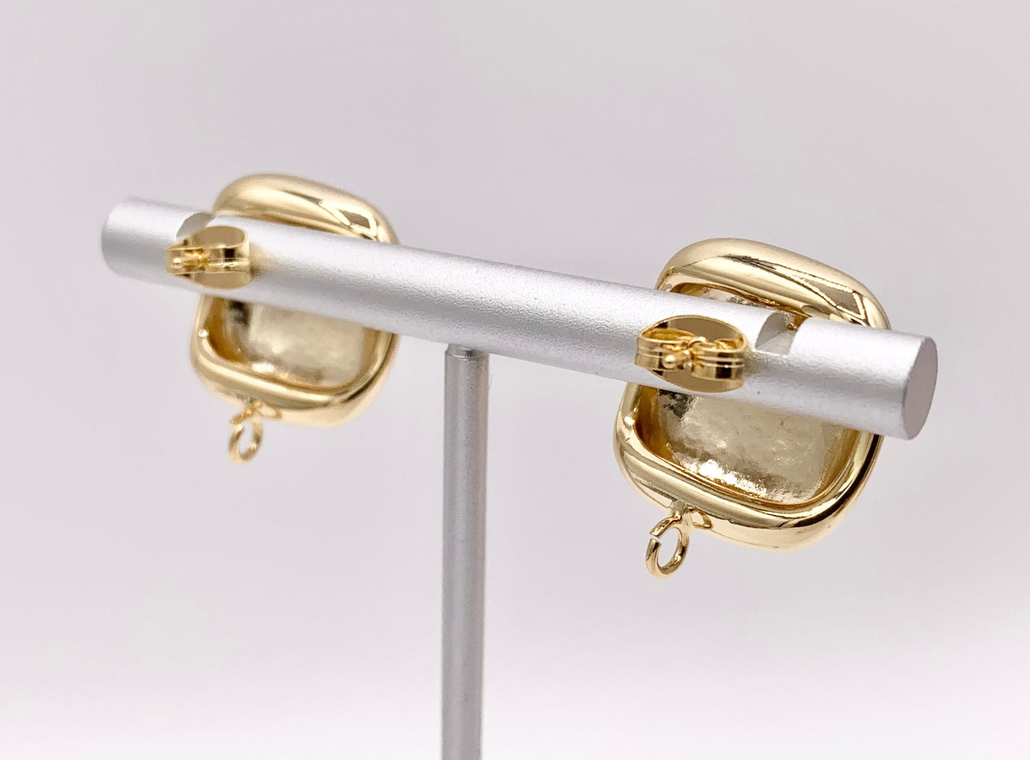 Shiny Puffy Square Earring Findings Component with Loop in 18K Gold plated Copper 4 PAIRS