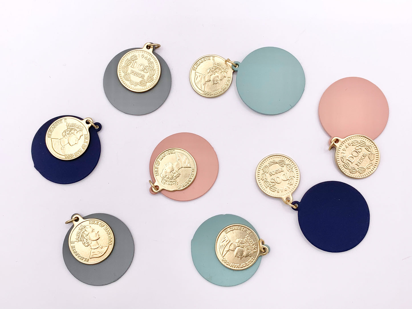 28mm Pewter 2 pcs Matte Pastel Colorful Queen Elizabeth Coin Charms in Pink, Blue, Dark Blue, Gray 8 PCS