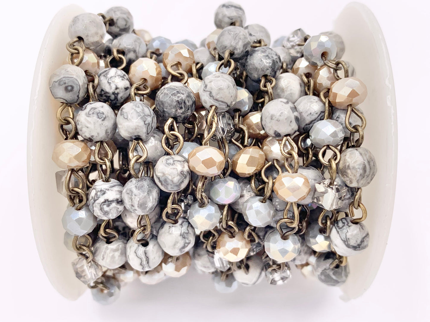 Silver Crazy Lace Agate Round Faceted + Crystal Rosary Style Beaded Chain With Brass Wire By Spool 4mm 6mm 8mm