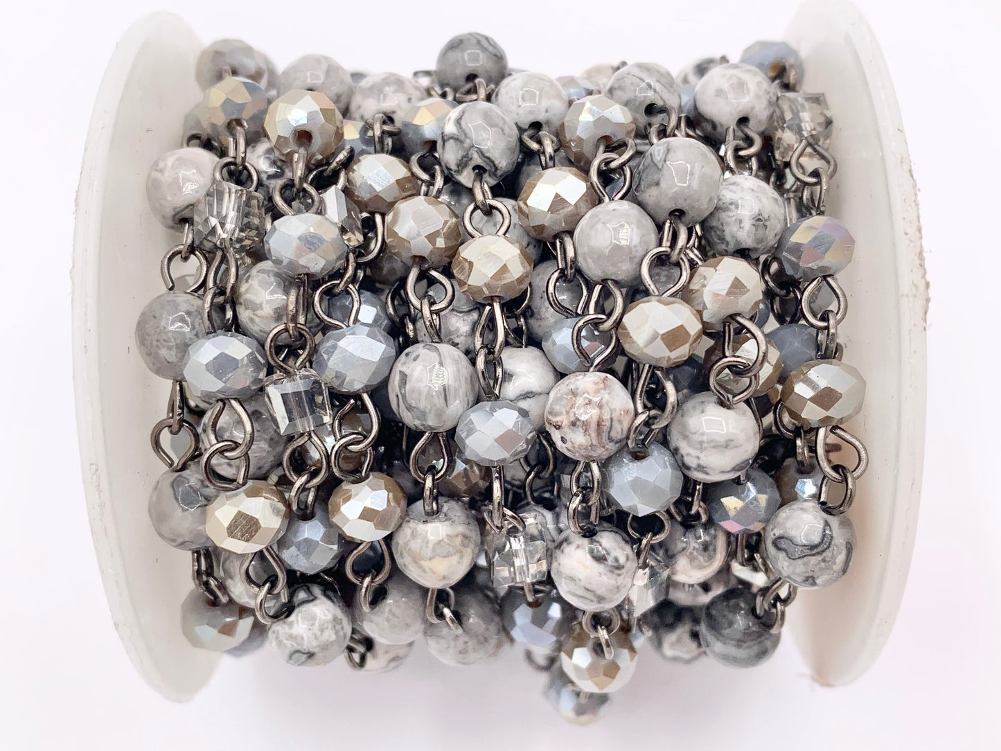 Silver Crazy Lace Agate Round Faceted + Crystal Rosary Style Beaded Chain With Gunmetal Wire By Spool 4mm 6mm 8mm