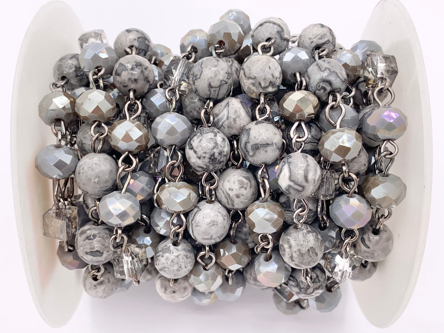 Silver Crazy Lace Agate Round Faceted + Crystal Rosary Style Beaded Chain With Gunmetal Wire By Spool 4mm 6mm 8mm