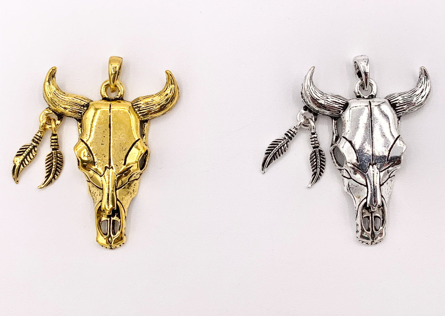38x51mm/1.5x2 inches Pewter Steer Head With Dangle Feather Pendants Native American Indian Bull Head in Gold, Silver, Copper, Brass, Patina 6 PCS