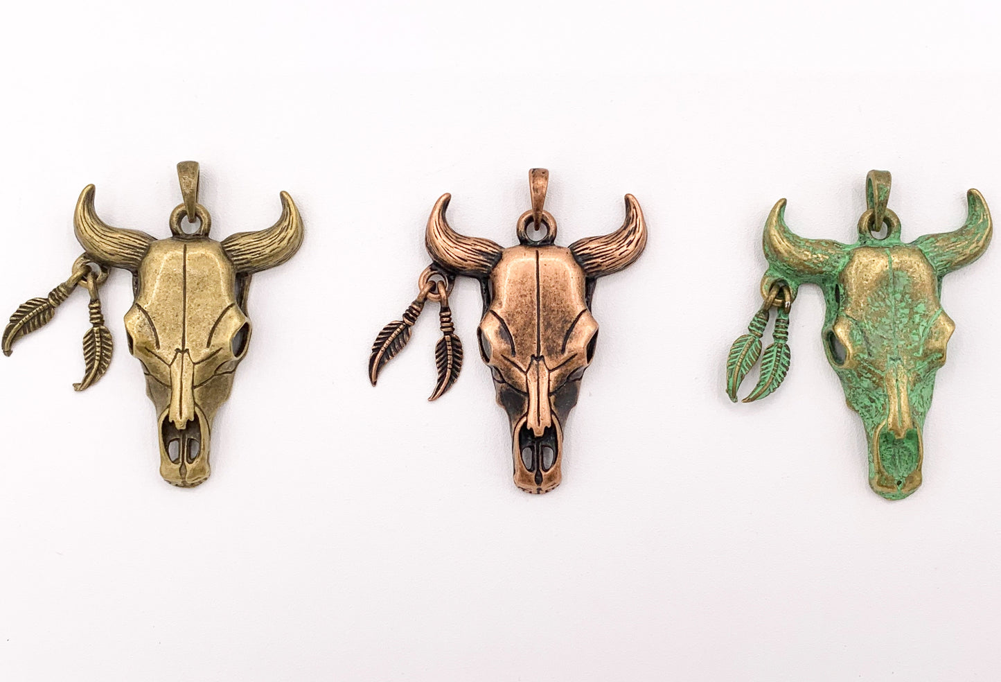 38x51mm/1.5x2 inches Pewter Steer Head With Dangle Feather Pendants Native American Indian Bull Head in Gold, Silver, Copper, Brass, Patina 6 PCS