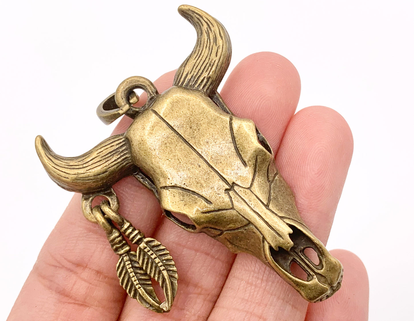 38x51mm/1.5x2 inches Pewter Steer Head With Dangle Feather Pendants Native American Indian Bull Head in Gold, Silver, Copper, Brass, Patina 6 PCS