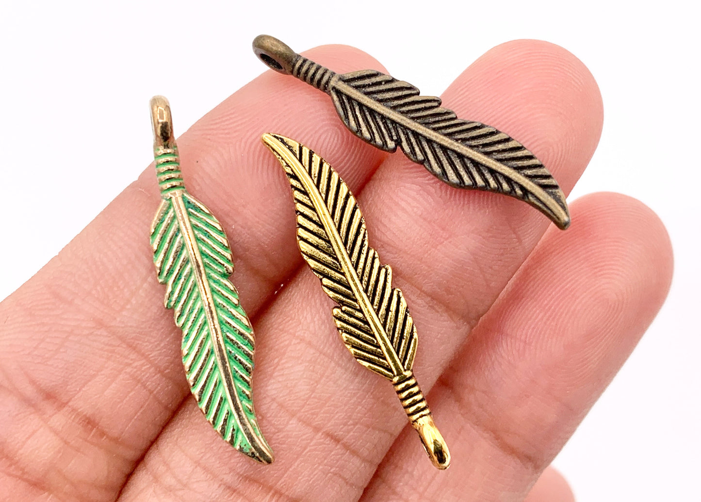 6x29mm Pewter Small Feather Charms Native American Indian Style Bulk Order in Rosy Gold, Antique Gold, Copper, Brass, Gunmetal And Patina