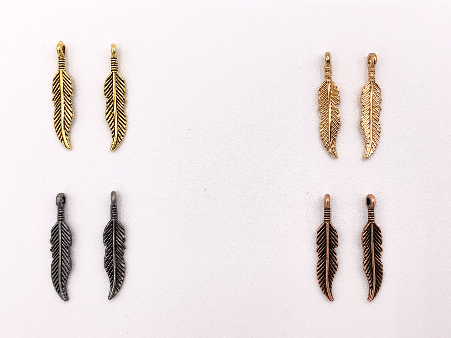 6x29mm Pewter Small Feather Charms Native American Indian Style Bulk Order in Rosy Gold, Antique Gold, Copper, Brass, Gunmetal And Patina