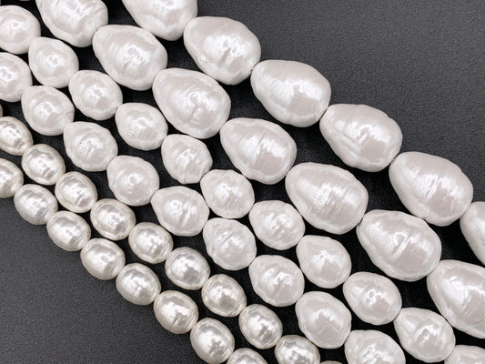 White Shell Pearl Bee Hive Shape Beads Textured Egg Shape Beads Around 15" Available in 3 Sizes (1 Strand)