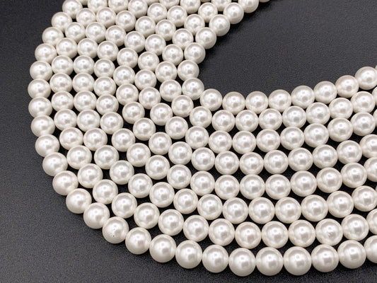 White Shell Pearl Smooth Round Beads Pearl Powder Coated Shell Beads Around 15" Available in 7 Sizes (1 Strand)