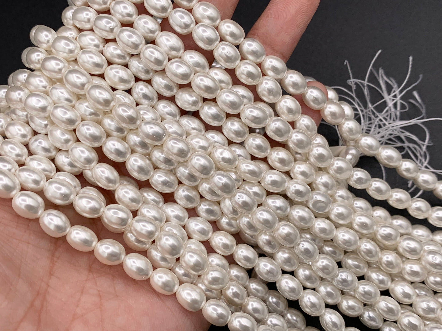 White Shell Pearl Smooth Rice Beads Pearl Powder Coated Shell Beads Around 15" Available in 6 Sizes (1 Strand)