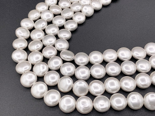 12mm White Shell Pearl Coin Beads Around 15" (1 Strand)