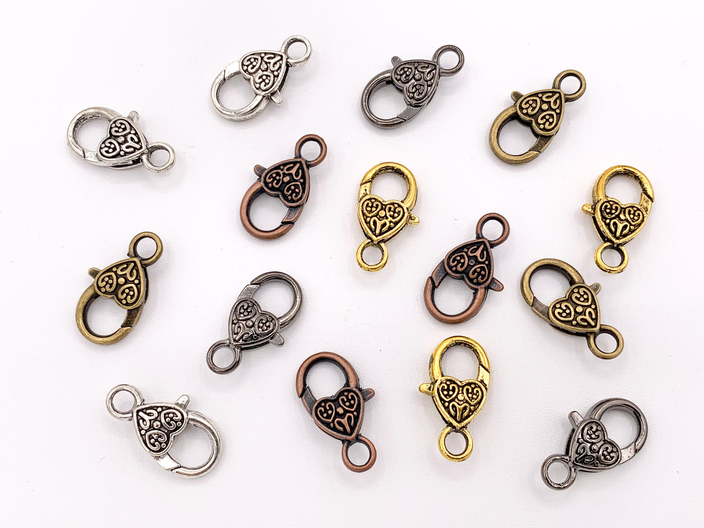 14X25mm/ 1 inch Long Pewter Antique Heart Lobster Claw Clasps Bulk Order in Gold, Silver, Copper, Brass and Gunmetal 20 PCS