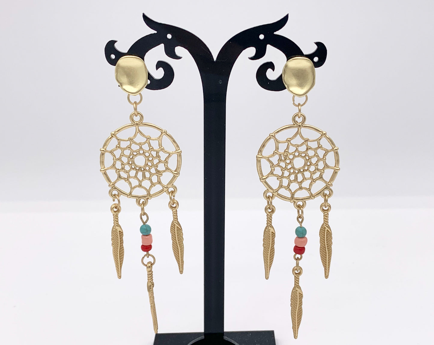 Matte Gold Dream Catcher Earrings with Seed Beads Boho Style Large Pewter Earrings 3 PAIRS