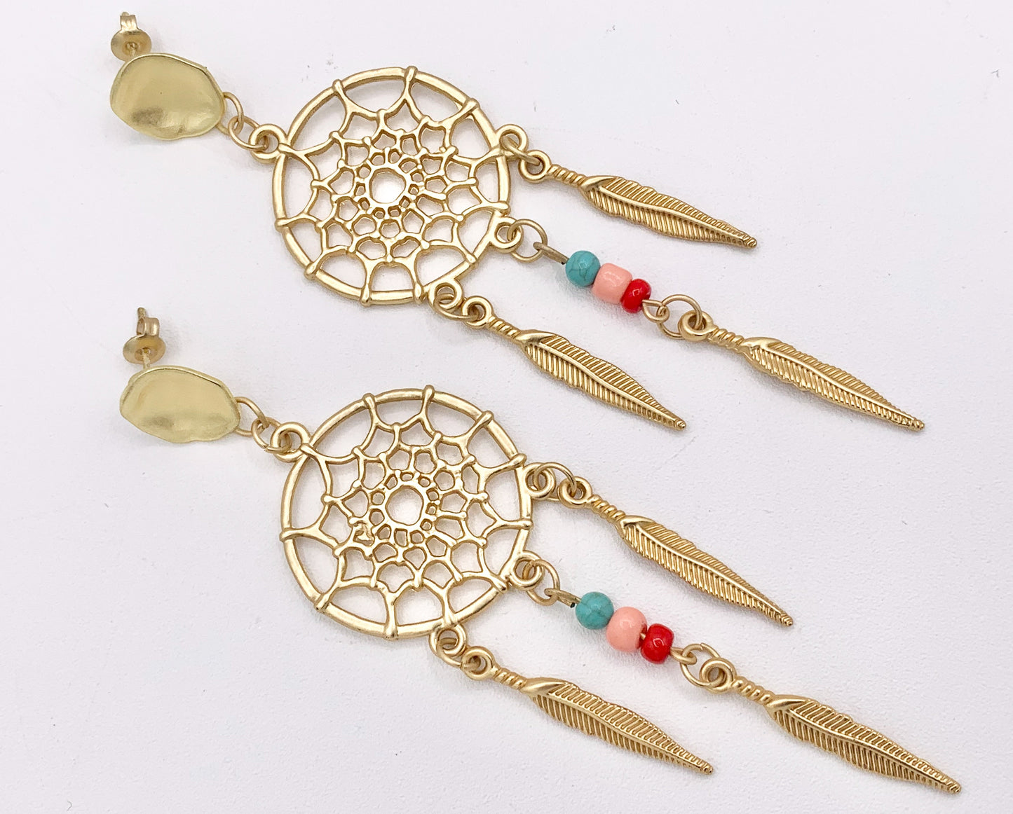 Matte Gold Dream Catcher Earrings with Seed Beads Boho Style Large Pewter Earrings 3 PAIRS