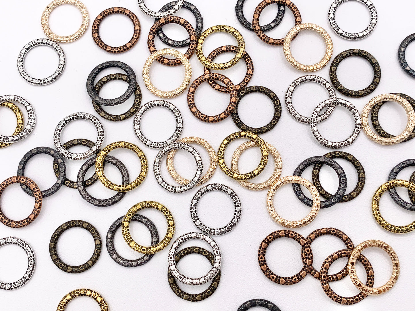 14mm Pewter Textured Heart Carved Circle Ring Pendants Bulk Order in Gold, Rosy Gold, Silver, Brass, Copper, Gunmetal