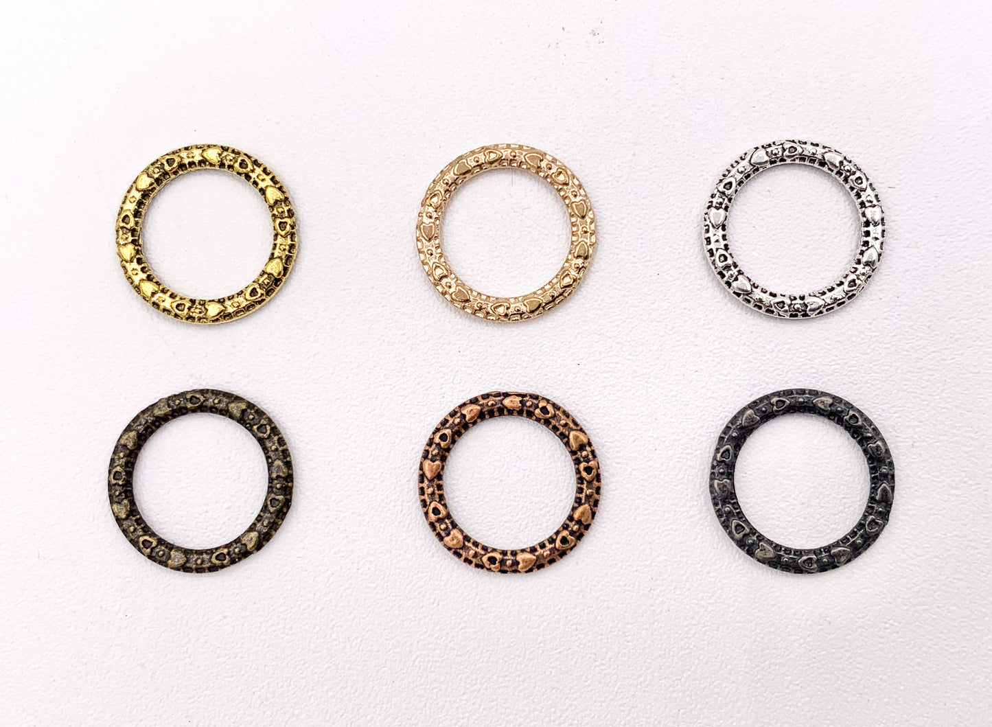 14mm Pewter Textured Heart Carved Circle Ring Pendants Bulk Order in Gold, Rosy Gold, Silver, Brass, Copper, Gunmetal