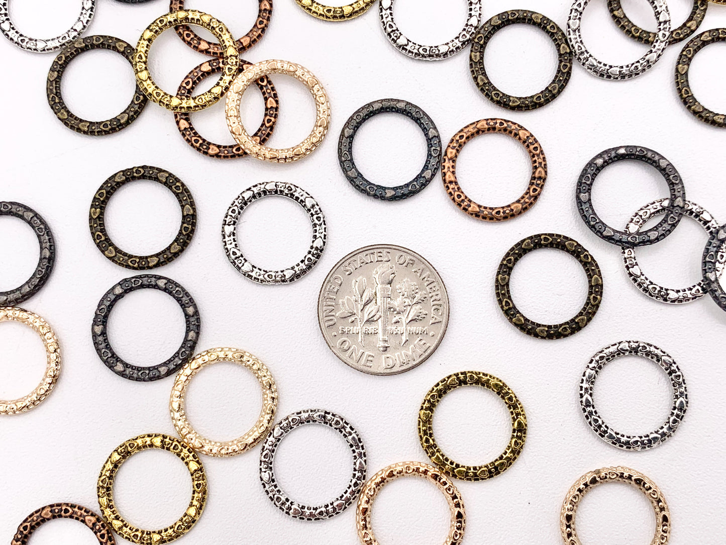 14mm Pewter Textured Heart Carved Circle Ring Pendants Bulk Order in Gold, Rosy Gold, Silver, Brass, Copper, Gunmetal