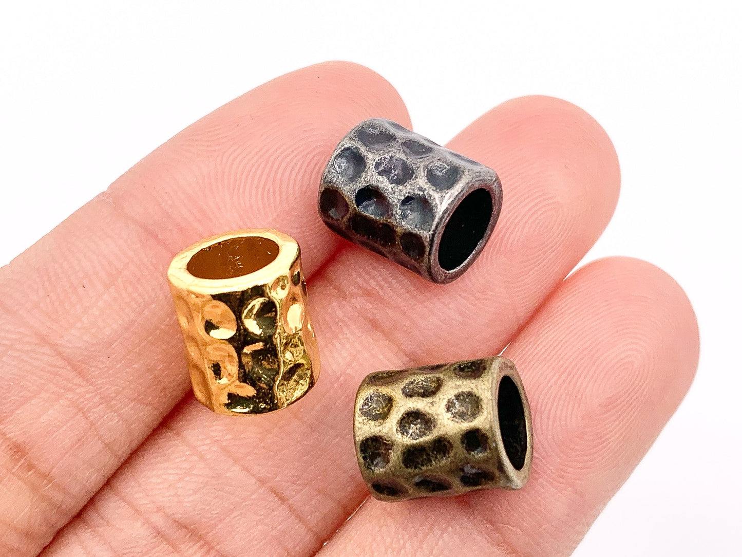 9x10mm Pewter Hammered Tube Large Hole Barrel Spacer Beads Gold, Light Gold, Silver, Bronze, Copper And Gunmetal Bulk Order 125 grams