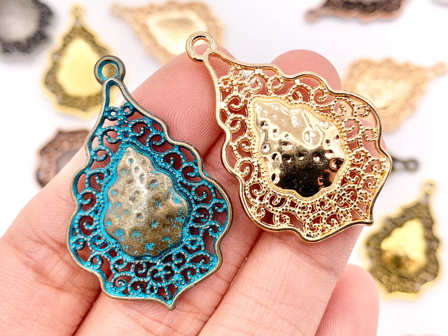 24x37mm/1x1.5 inches Pewter Detailed Filigree Teardrop Pendants Bulk Order in Gold, Silver, Copper, Brass, Gunmetal and Blue Patina