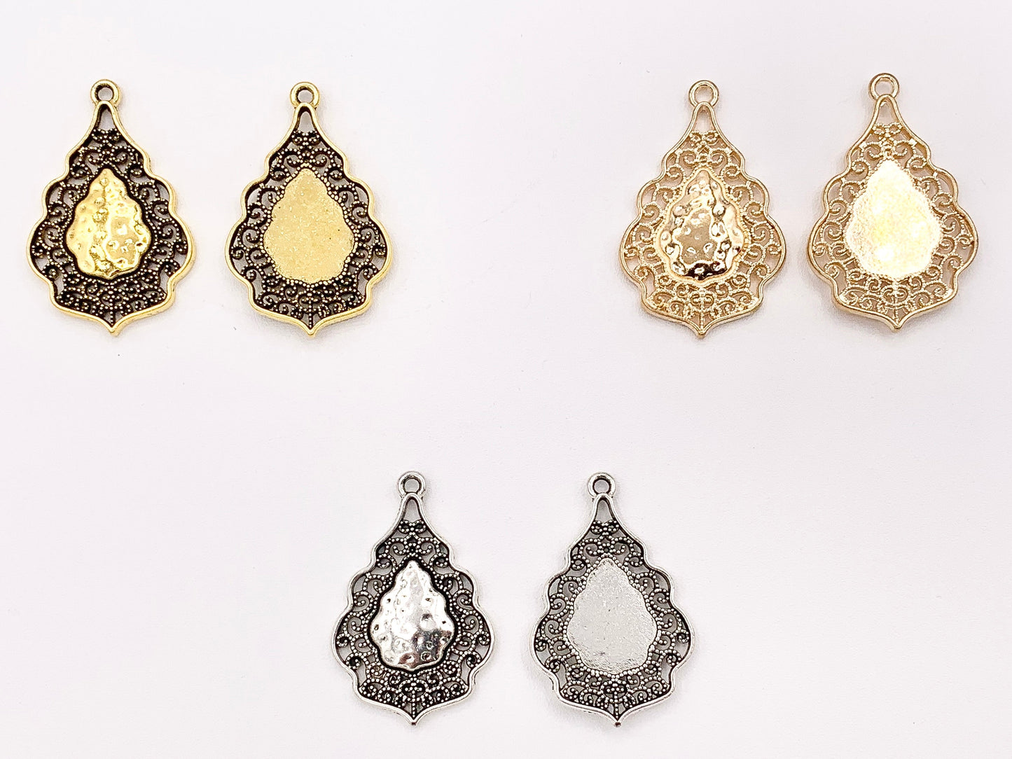 24x37mm/1x1.5 inches Pewter Detailed Filigree Teardrop Pendants Bulk Order in Gold, Silver, Copper, Brass, Gunmetal and Blue Patina