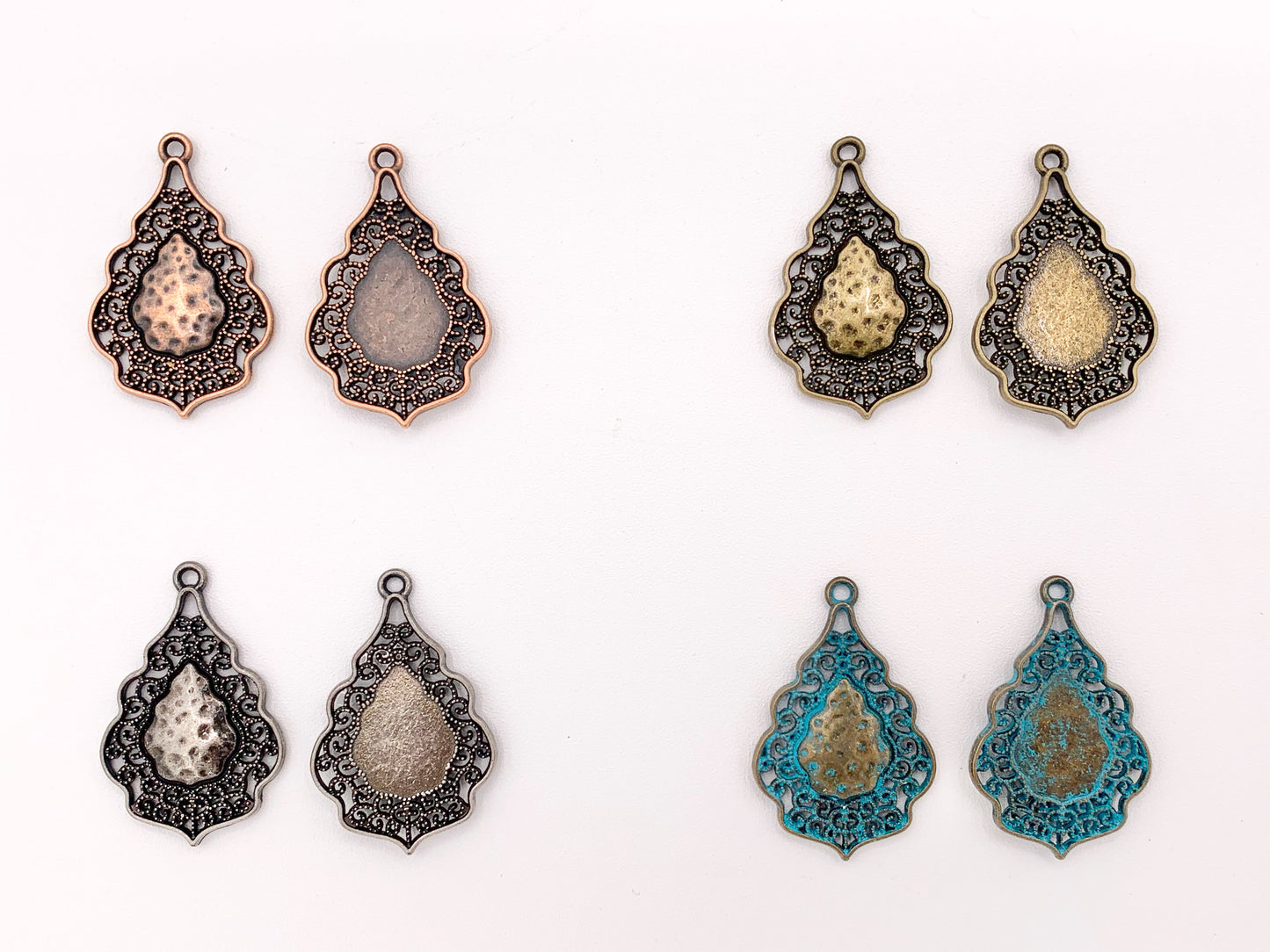 24x37mm/1x1.5 inches Pewter Detailed Filigree Teardrop Pendants Bulk Order in Gold, Silver, Copper, Brass, Gunmetal and Blue Patina
