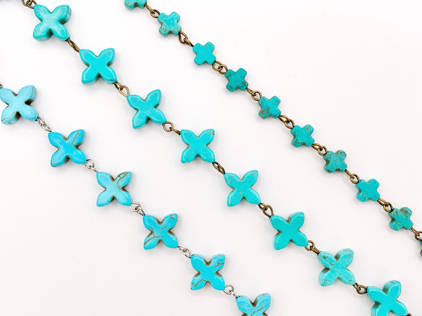 Vintage Turquoise Howlite Cross Rosary Style Beaded Chain With Brass and Silver Wire 1 Spool 8mm 14mm