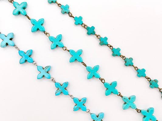 Vintage Turquoise Howlite Cross Rosary Style Beaded Chain With Brass and Silver Wire 1 Spool 8mm 14mm