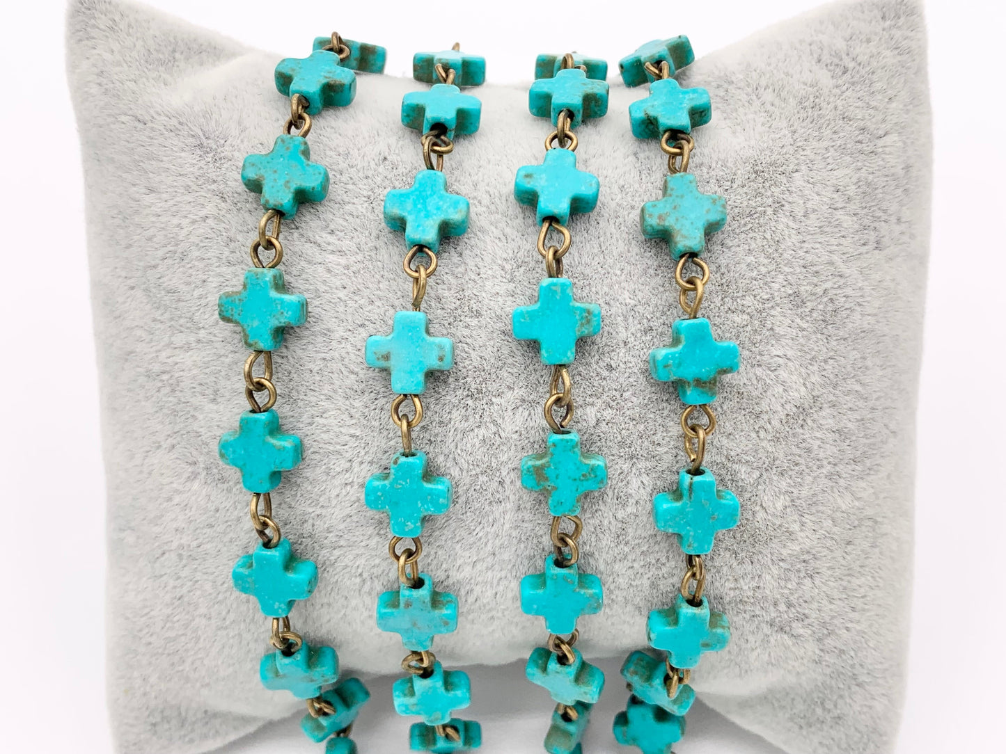Vintage Turquoise Howlite Cross Rosary Style Beaded Chain With Brass and Silver Wire 1 Spool 8mm 14mm