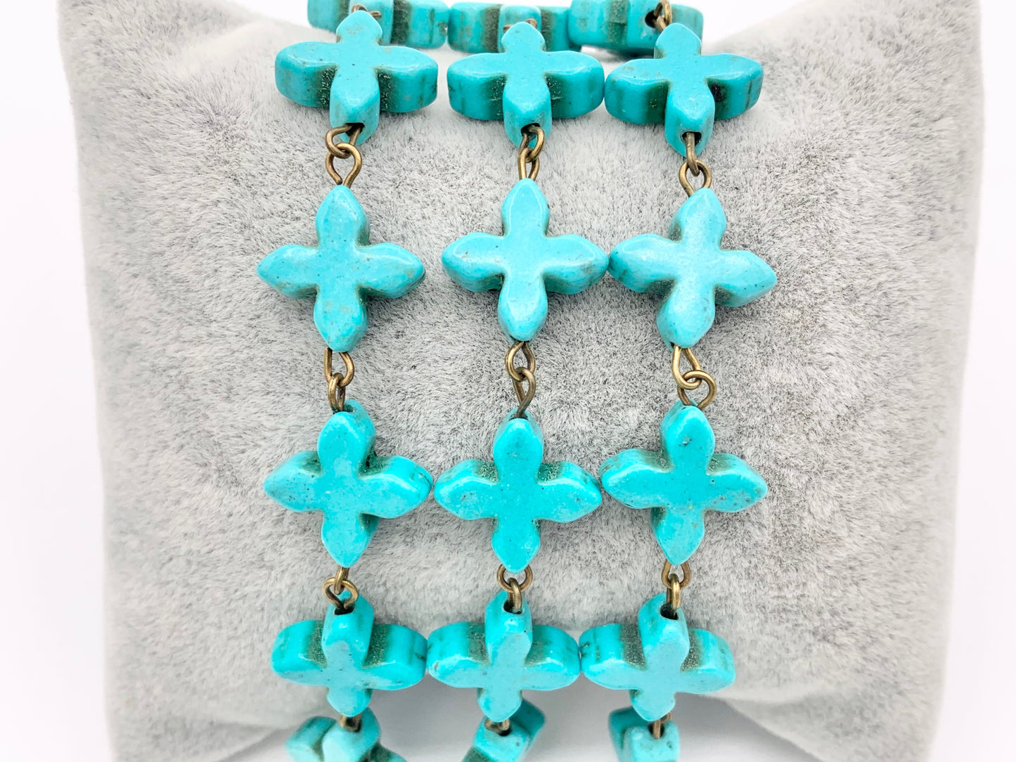 Vintage Turquoise Howlite Cross Rosary Style Beaded Chain With Brass and Silver Wire 1 Spool 8mm 14mm