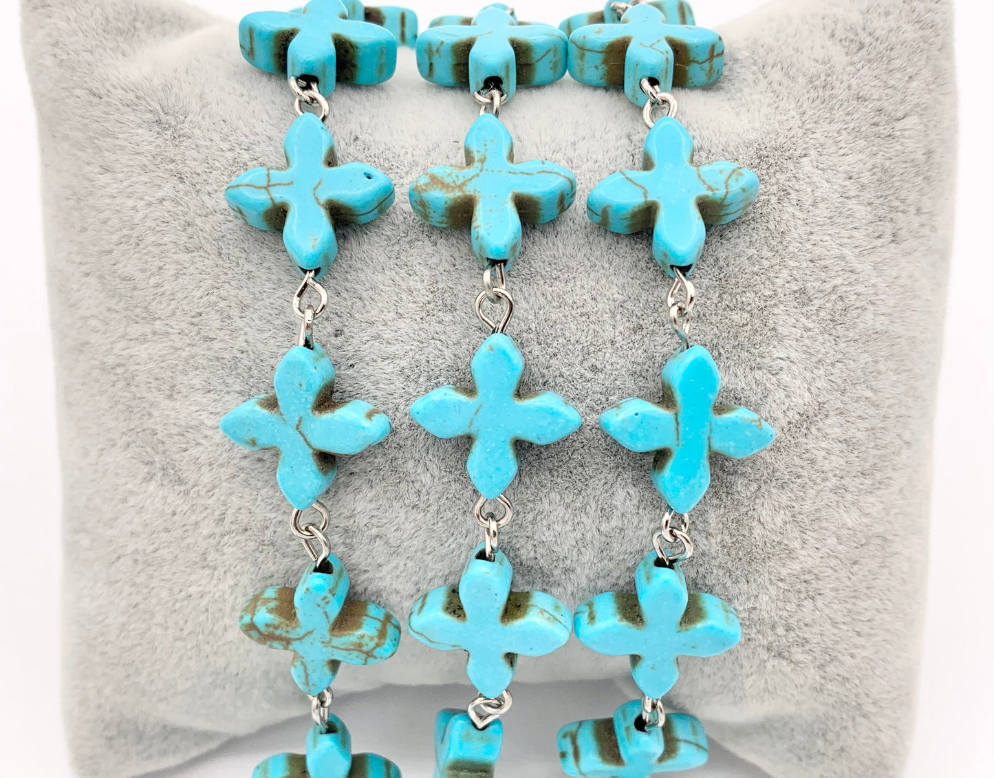 Vintage Turquoise Howlite Cross Rosary Style Beaded Chain With Brass and Silver Wire 1 Spool 8mm 14mm