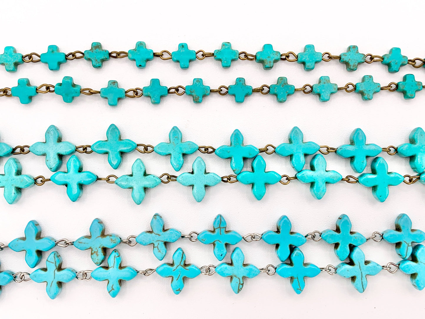 Vintage Turquoise Howlite Cross Rosary Style Beaded Chain With Brass and Silver Wire 1 Spool 8mm 14mm