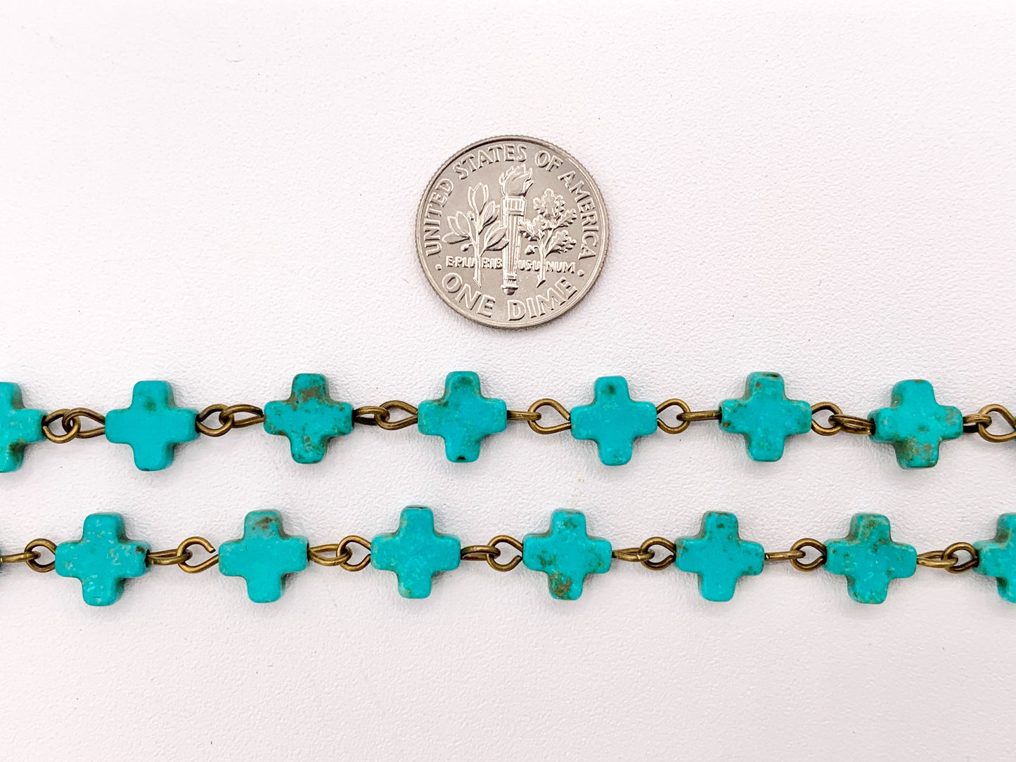Vintage Turquoise Howlite Cross Rosary Style Beaded Chain With Brass and Silver Wire 1 Spool 8mm 14mm