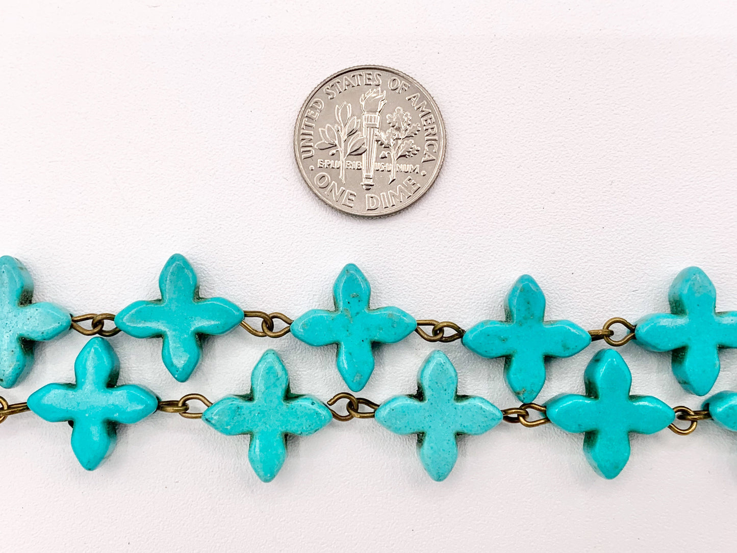 Vintage Turquoise Howlite Cross Rosary Style Beaded Chain With Brass and Silver Wire 1 Spool 8mm 14mm