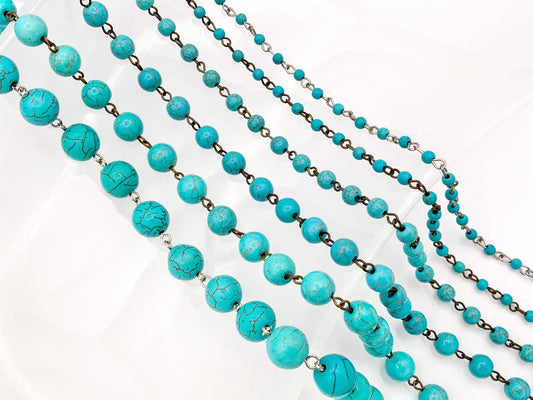 Vintage Turquoise Howlite Round Smooth Rosary Style Beaded Chain With Brass And Silver Wire 1 Spool 4mm 6mm 8mm 10mm 12mm