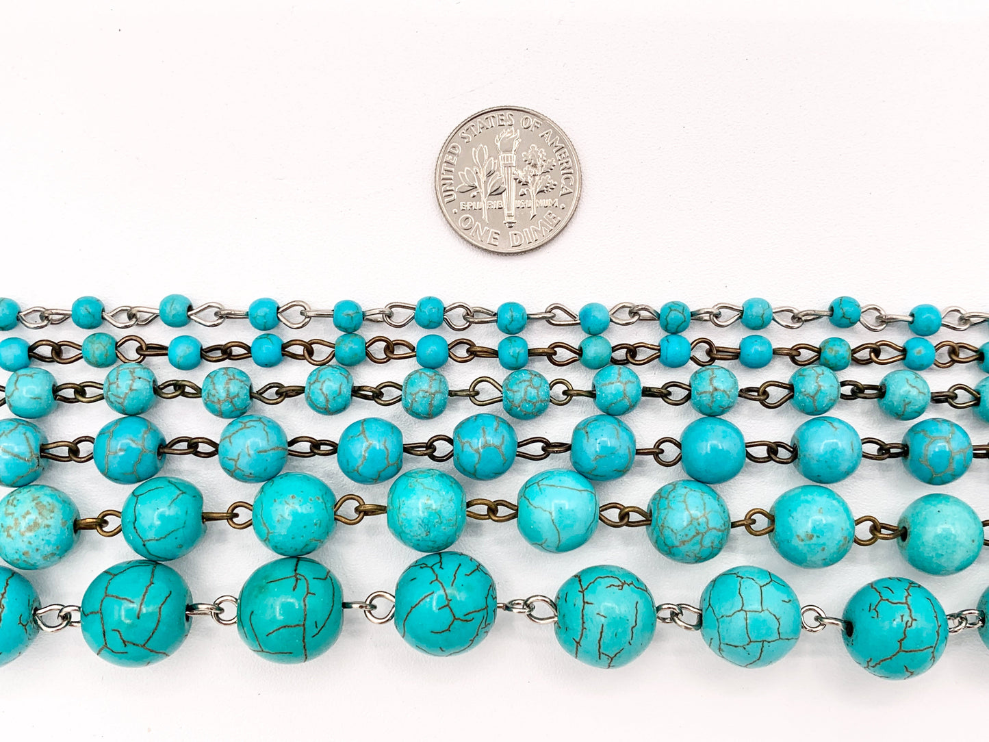 Vintage Turquoise Howlite Round Smooth Rosary Style Beaded Chain With Brass And Silver Wire 1 Spool 4mm 6mm 8mm 10mm 12mm