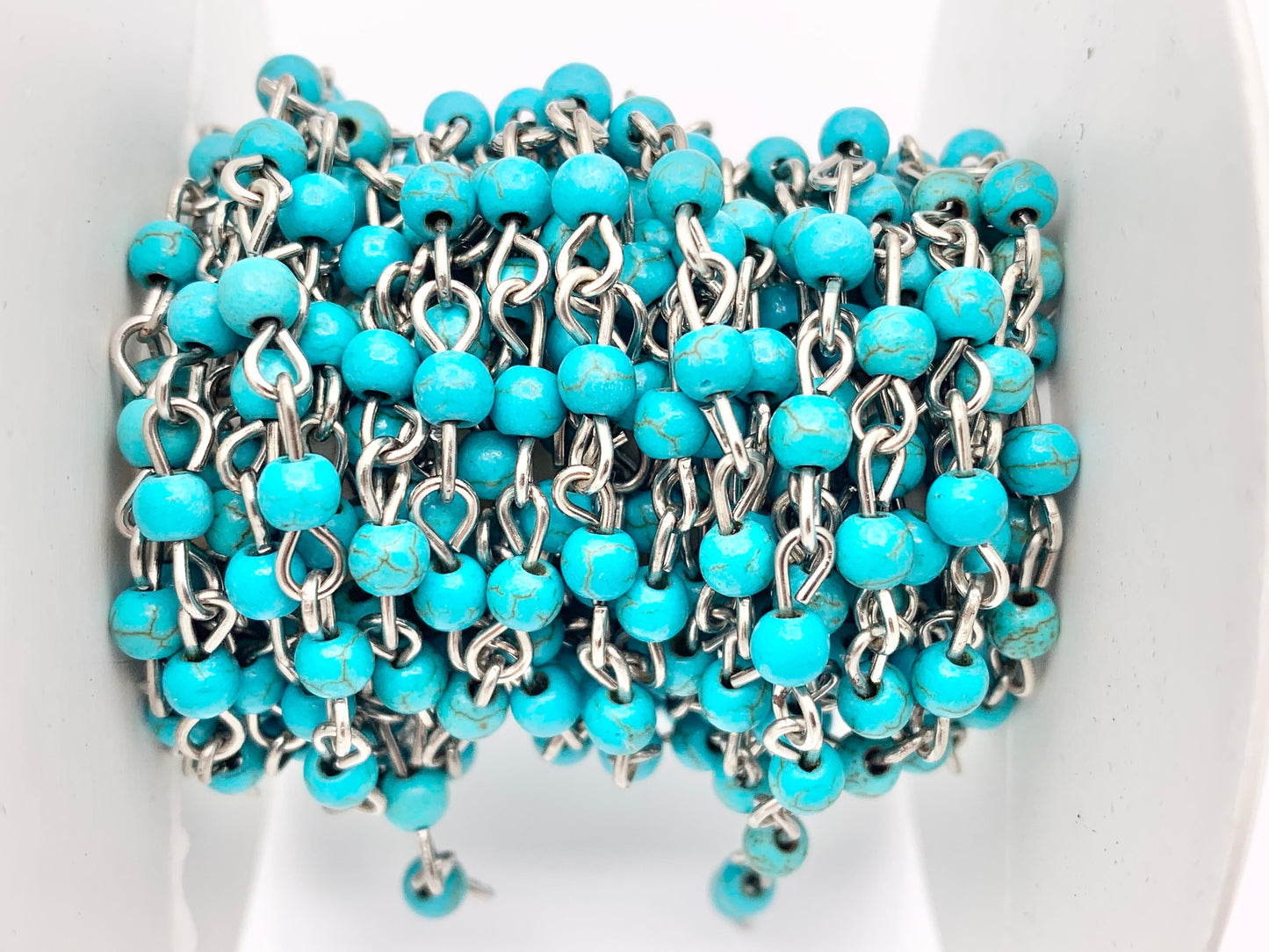 Vintage Turquoise Howlite Round Smooth Rosary Style Beaded Chain With Brass And Silver Wire 1 Spool 4mm 6mm 8mm 10mm 12mm