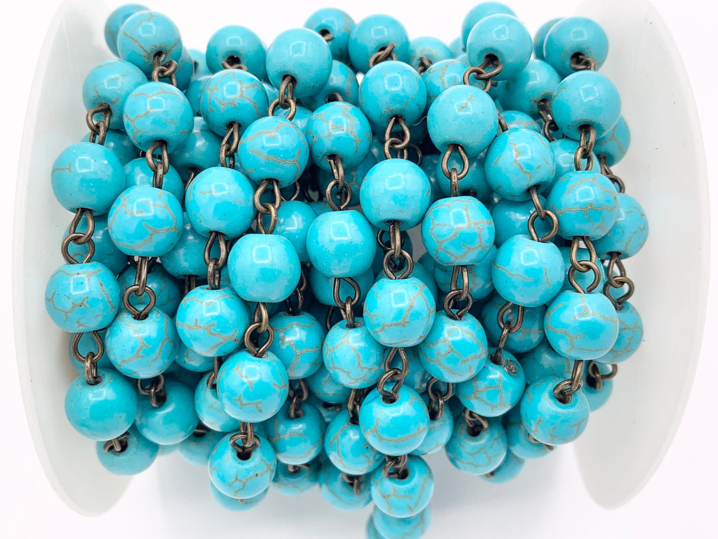 Vintage Turquoise Howlite Round Smooth Rosary Style Beaded Chain With Brass And Silver Wire 1 Spool 4mm 6mm 8mm 10mm 12mm