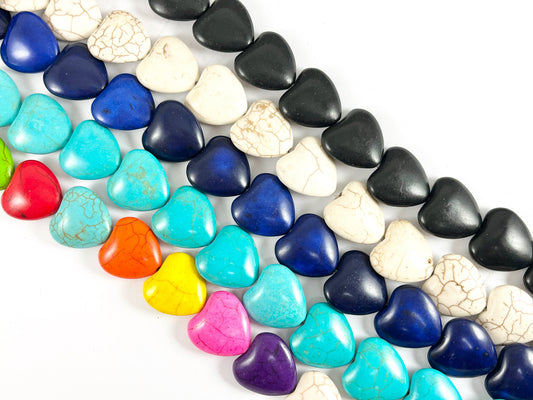 20mm Valentine's Day Heart Shape Howlite Beads Available in Black, White, Dark Blue, Turquoise and Multicolor Around 15"
