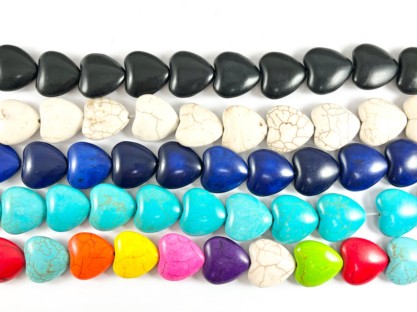 20mm Valentine's Day Heart Shape Howlite Beads Available in Black, White, Dark Blue, Turquoise and Multicolor Around 15"