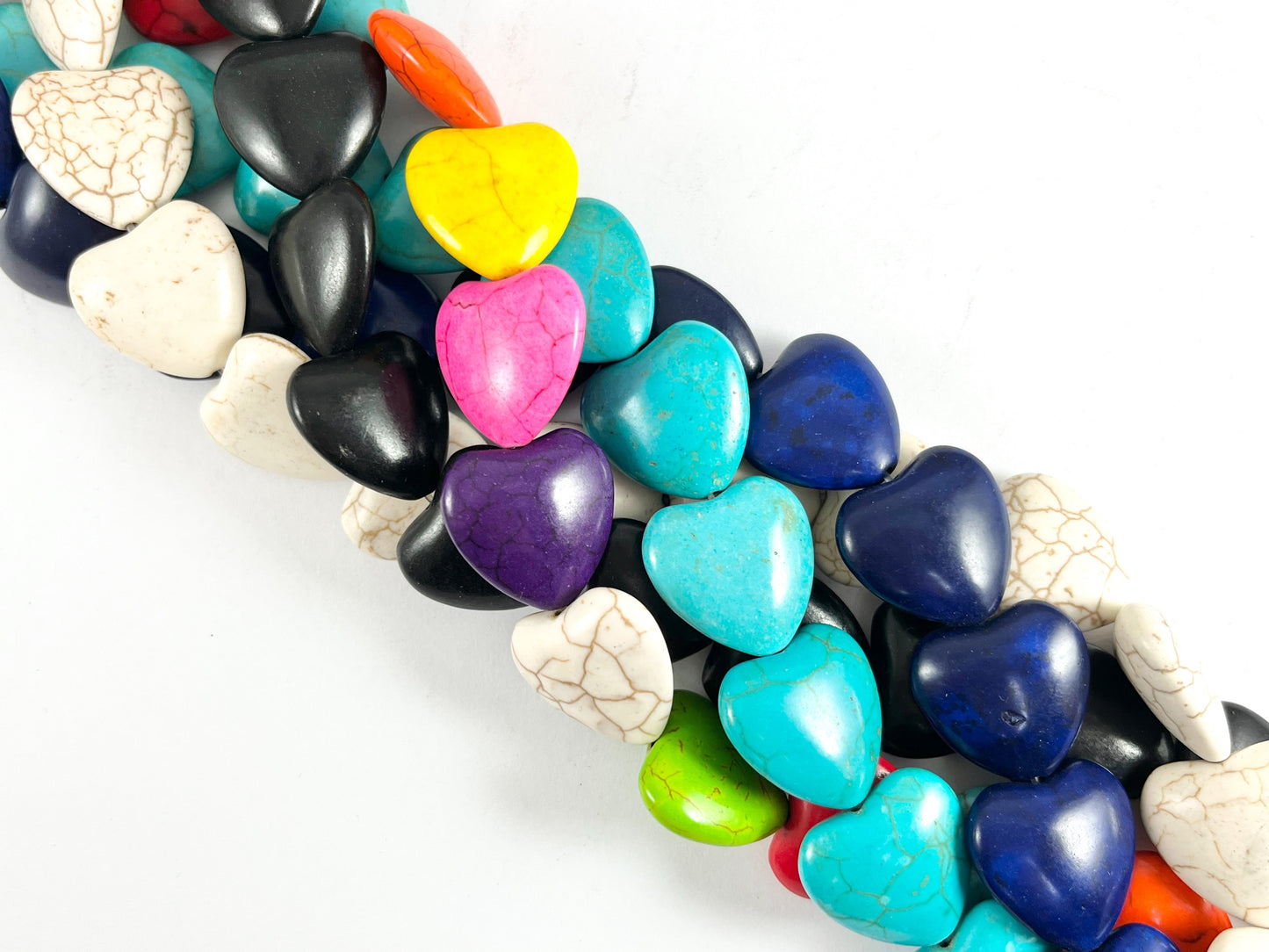 20mm Valentine's Day Heart Shape Howlite Beads Available in Black, White, Dark Blue, Turquoise and Multicolor Around 15"