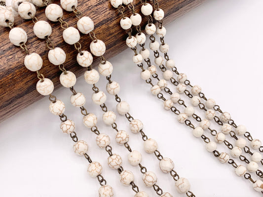 Vintage White Howlite Roumd Faceted Rosary Style Beaded Chain With Brass Wire 1 Spool 6mm 8mm