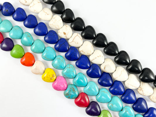 12mm Valentine's Day Heart Shape Howlite Beads Available in Black, White, Dark Blue, Turquoise and Multicolor Around 15"
