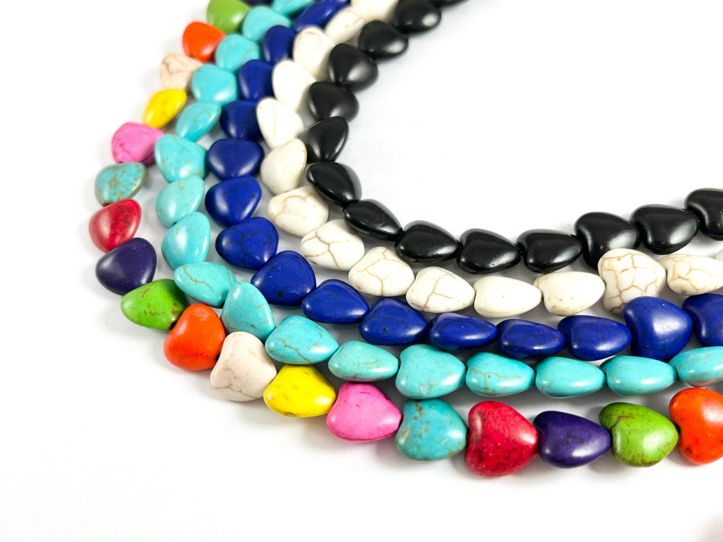 12mm Valentine's Day Heart Shape Howlite Beads Available in Black, White, Dark Blue, Turquoise and Multicolor Around 15"
