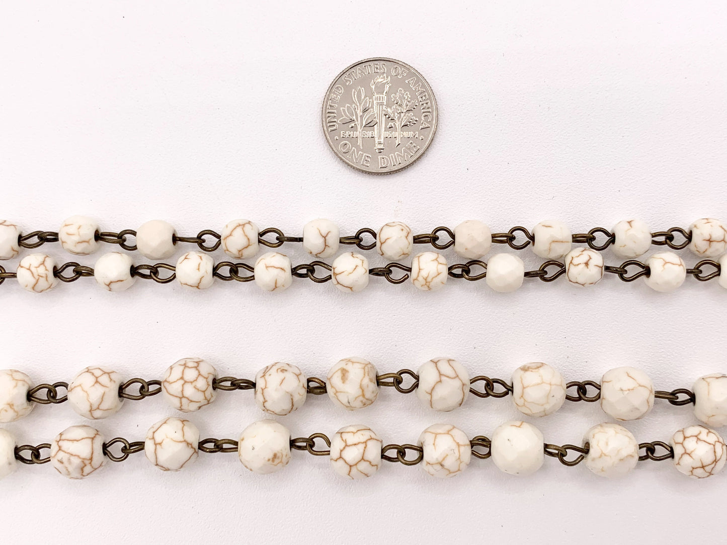 Vintage White Howlite Roumd Faceted Rosary Style Beaded Chain With Brass Wire 1 Spool 6mm 8mm