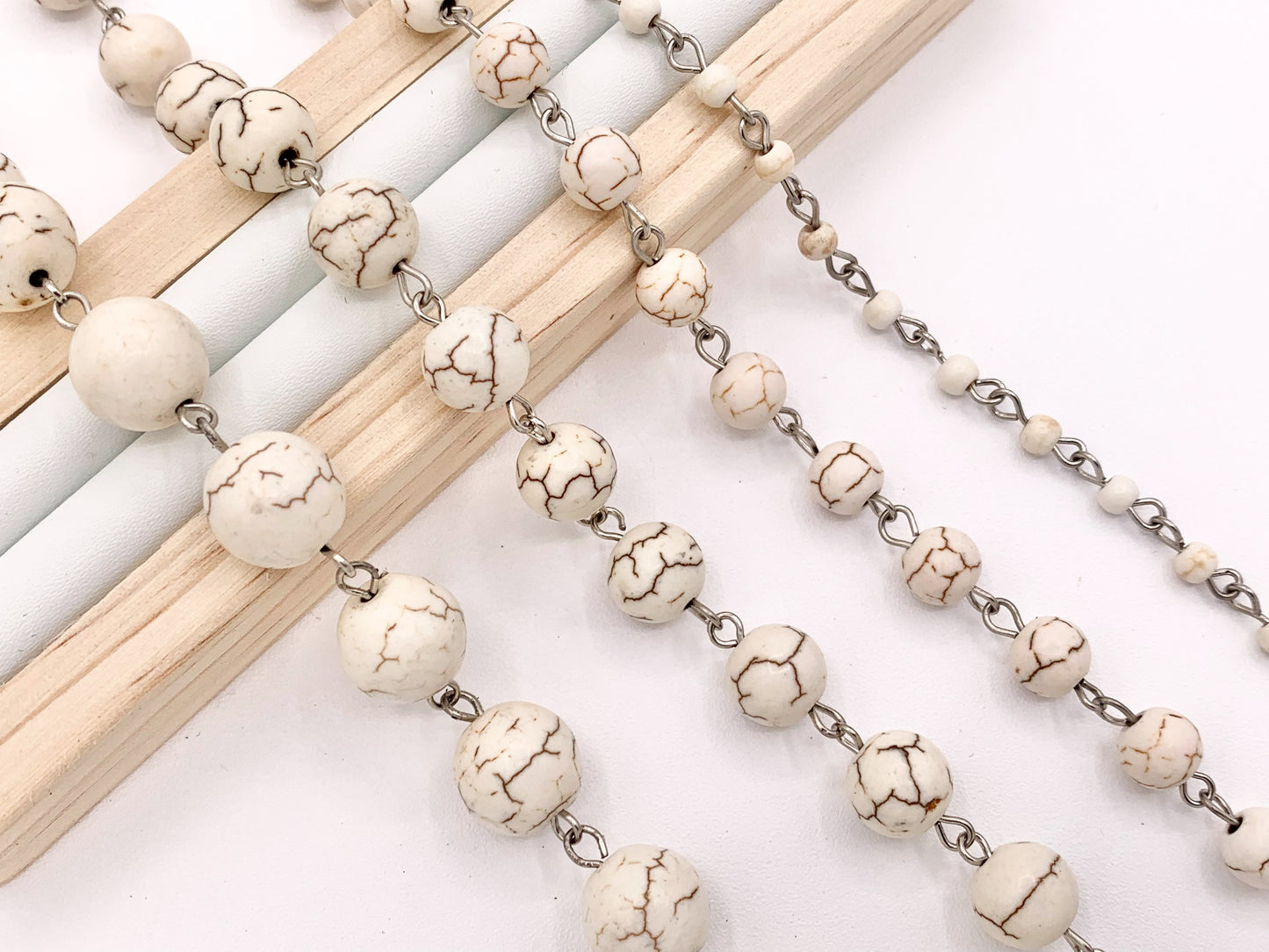 Vintage White Howlite Round Smooth Rosary Style Beaded Chain With Silver Wire 1 Spool 4mm 6mm 8mm 10mm 12mm