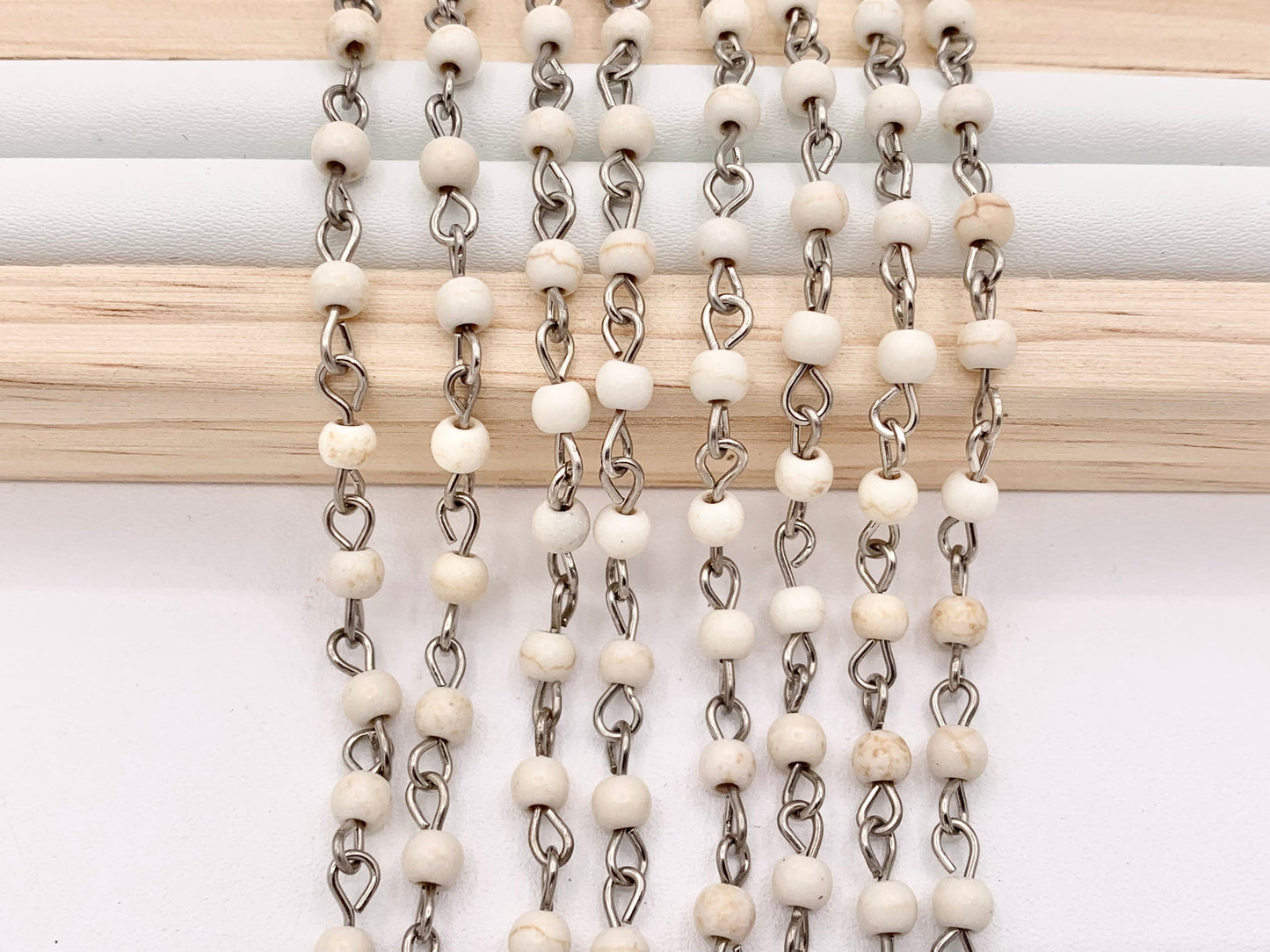 Vintage White Howlite Round Smooth Rosary Style Beaded Chain With Silver Wire 1 Spool 4mm 6mm 8mm 10mm 12mm