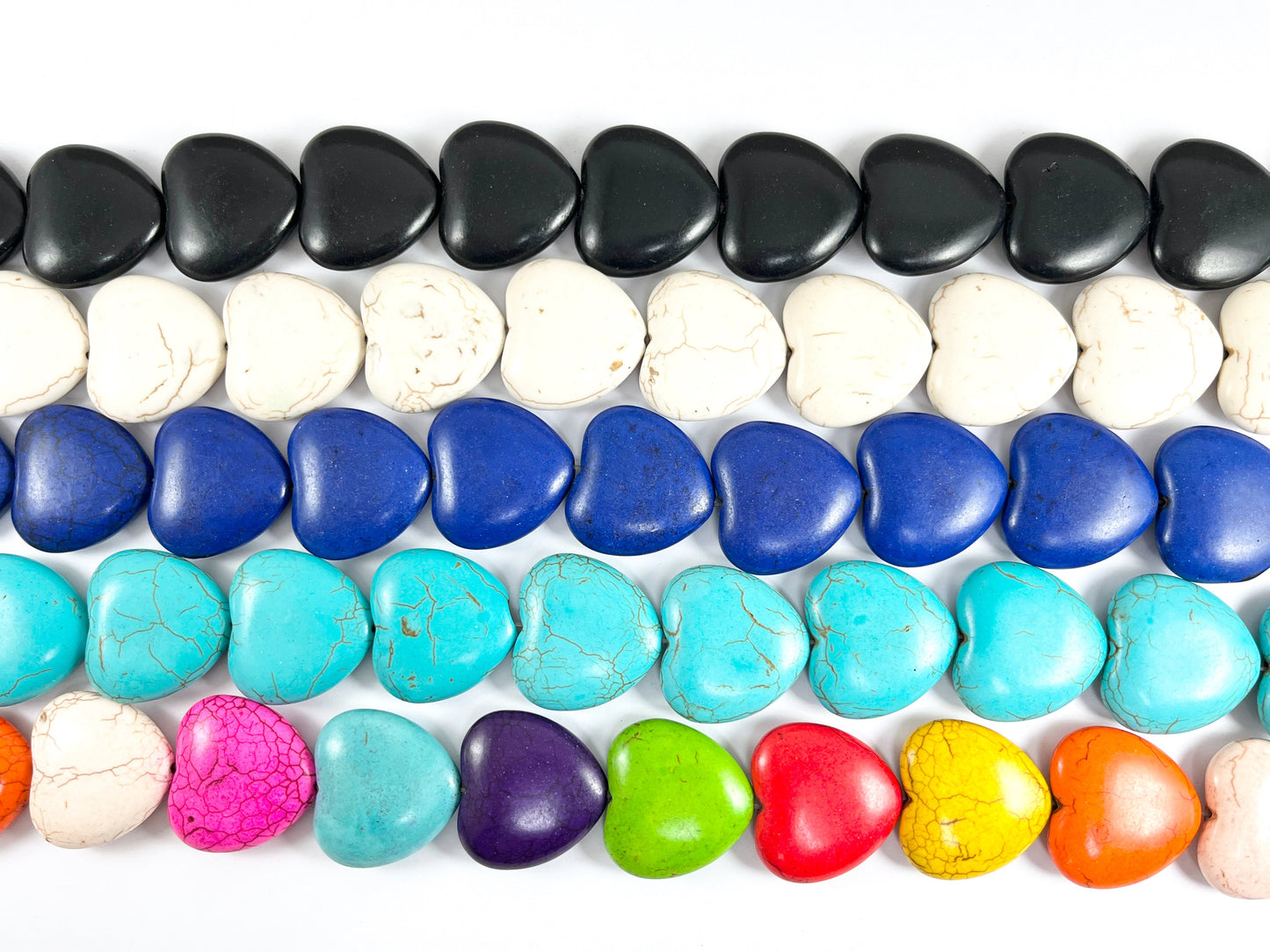 30mm Valentine's Day Heart Shape Howlite Beads Available in Black, White, Dark Blue, Turquoise and Multicolor Around 15"
