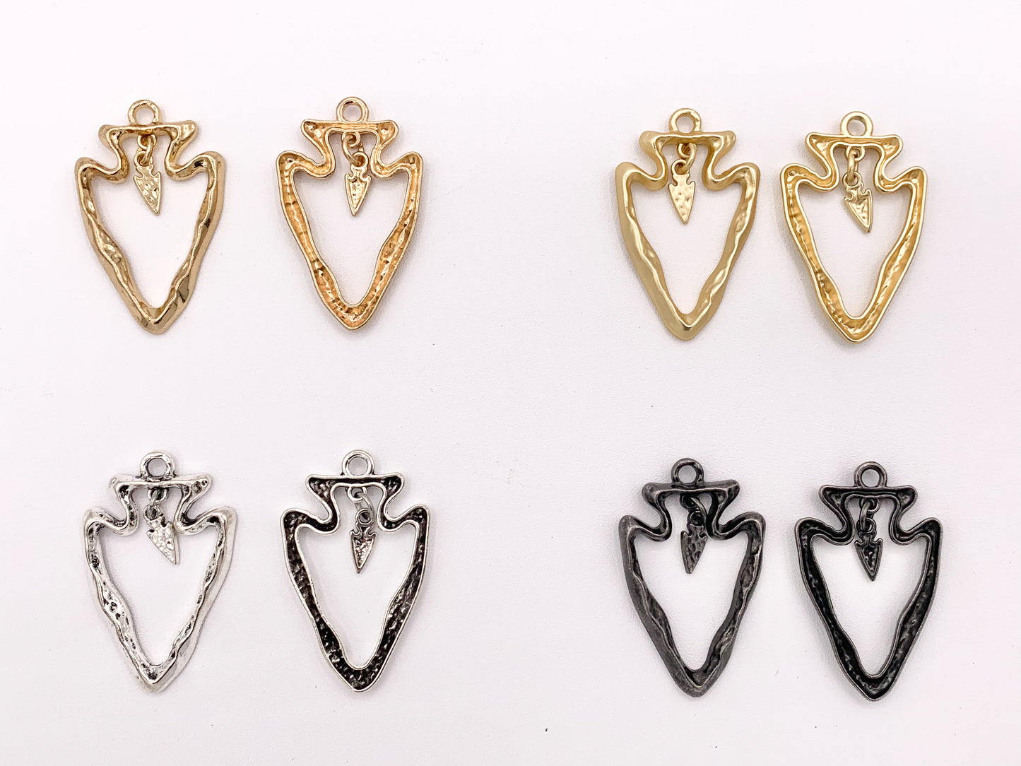 25x40mm Pewter Hollow Arrowhead Pendants with Tiny Dangle Charm in Gold, Matte Gold, Silver, Copper, Brass, Gunmetal and Blue Patina