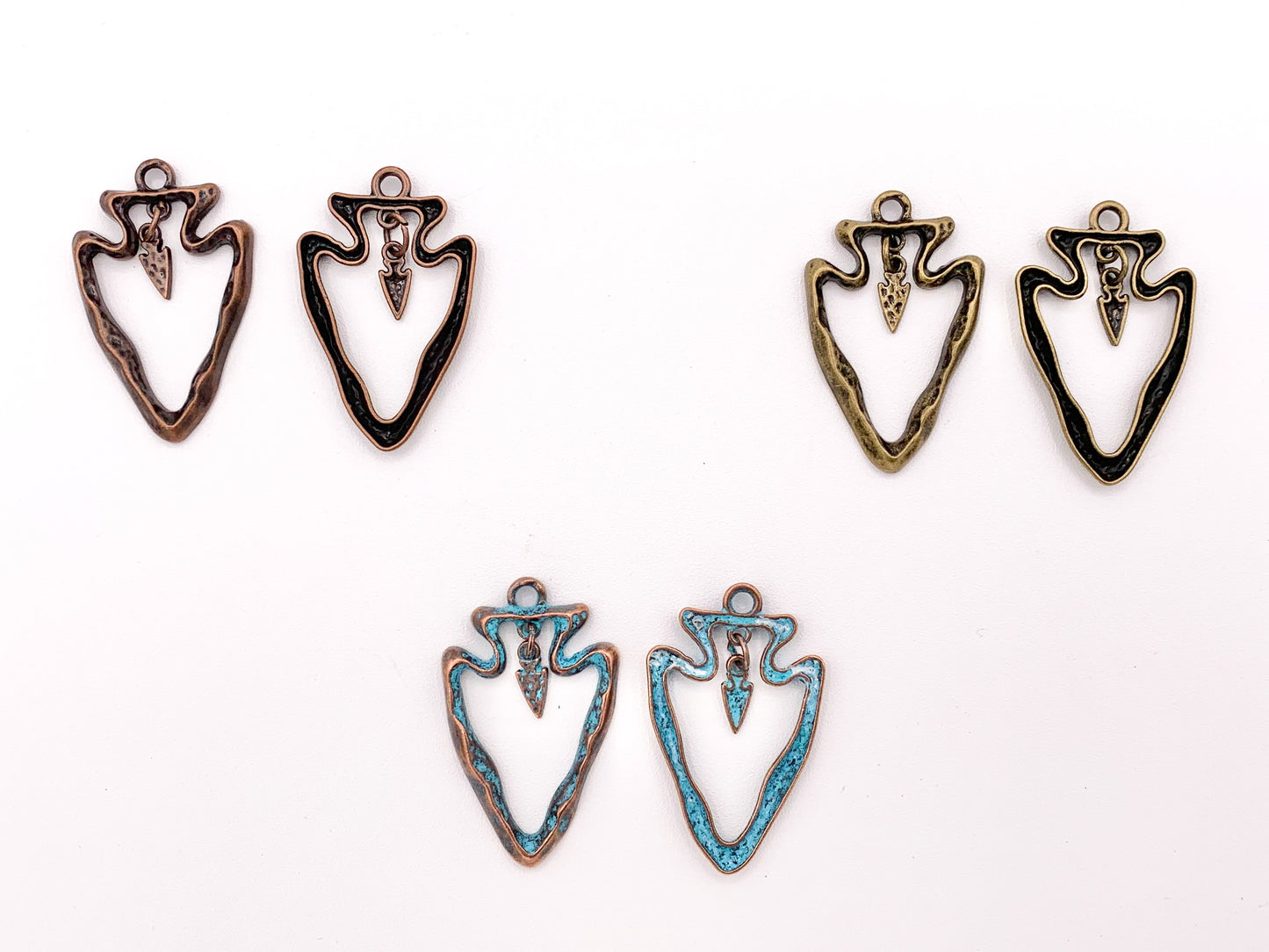 25x40mm Pewter Hollow Arrowhead Pendants with Tiny Dangle Charm in Gold, Matte Gold, Silver, Copper, Brass, Gunmetal and Blue Patina
