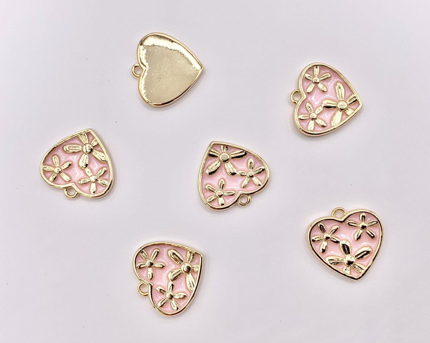 Cute Pink Enamel Floral Heart Charms in 18K Gold Plated Over Copper 8 PCS
