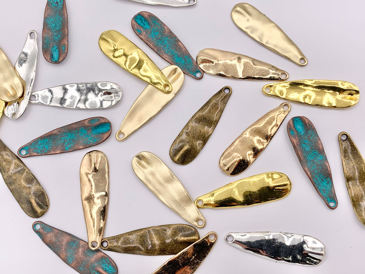 10x36mm Pewter Hammered Thin Teardrop Pendants Bulk Order in Matte Gold, Gold, Silver, Brass and Patina